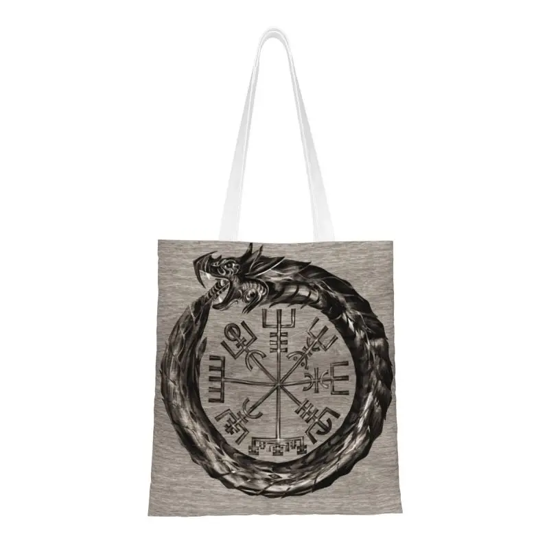 Ouroboros With Vegvisir Grocery Shopping Bag Cute Print Canvas Shopper Shoulder Tote Bags Norse Dragon Viking Compass Handbag