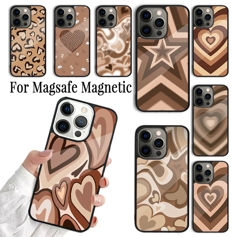 Phone Case For iPhone 16 15 14 13 12 11 Pro Max Plus Magsafe Magnetic Wireless Charging Cover Latte Love Brown Heart Aesthetic