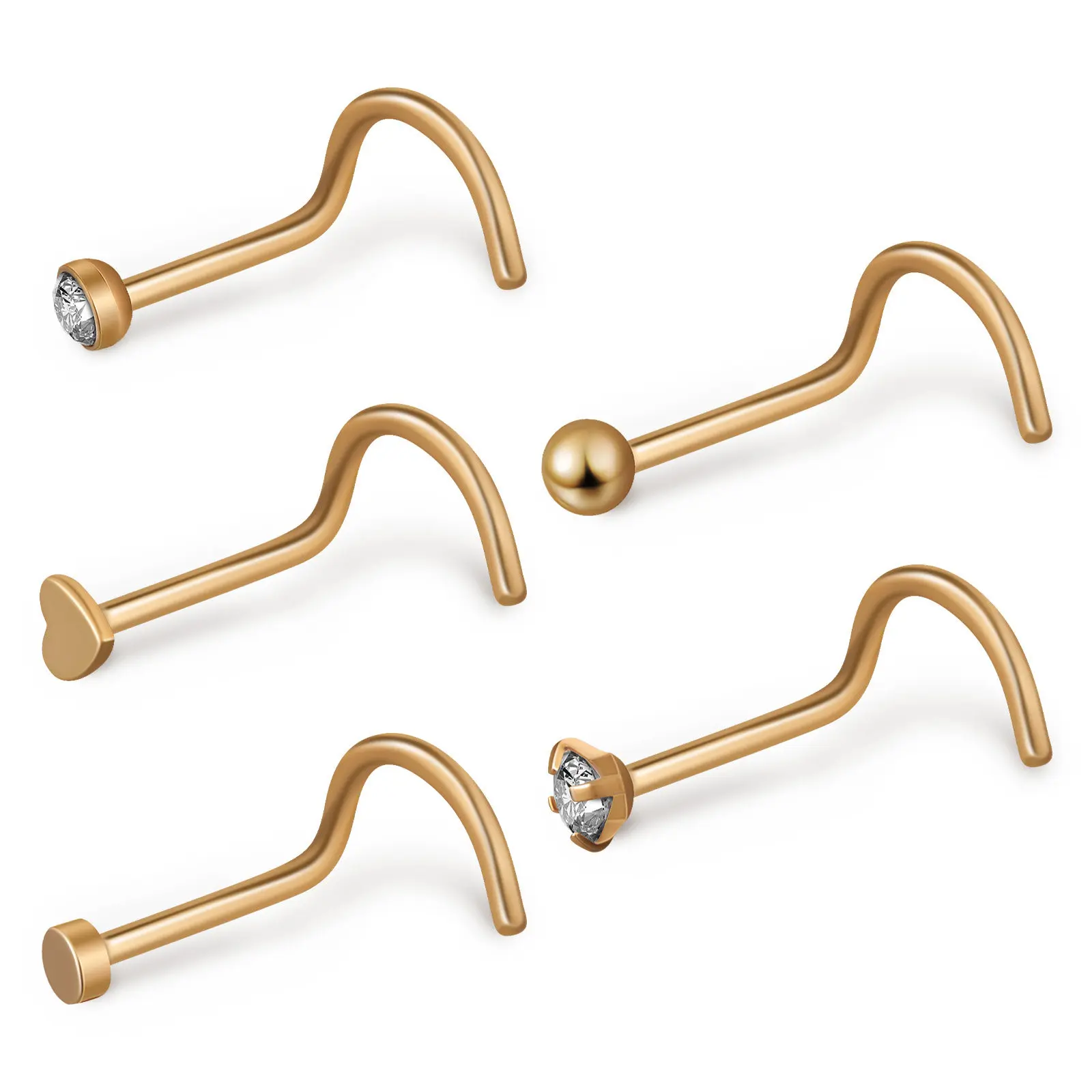 5pcs Nose Rings Set – Corkscrew & Heart Studs for Women, Comfortable Daily Wear Nasal Piercing Jewelry