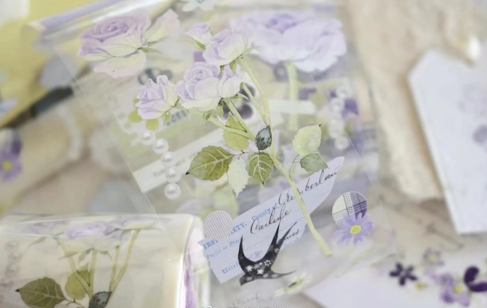 WILDBERRY.LAB Vintage Purple Rose Swallow Daisy Floral Washi PET Tape Planner DIY Card Making Scrapbooking Decorative Sticker