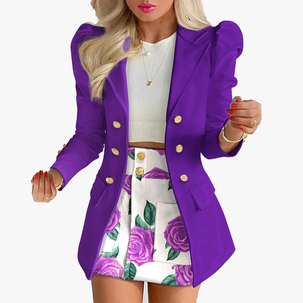 Women\'s Fall and Winter Long Sleeve Button Solid Color Jacket with Mini Skirt Two-piece Suit Tailleur Femme Blazer and Set Skirt