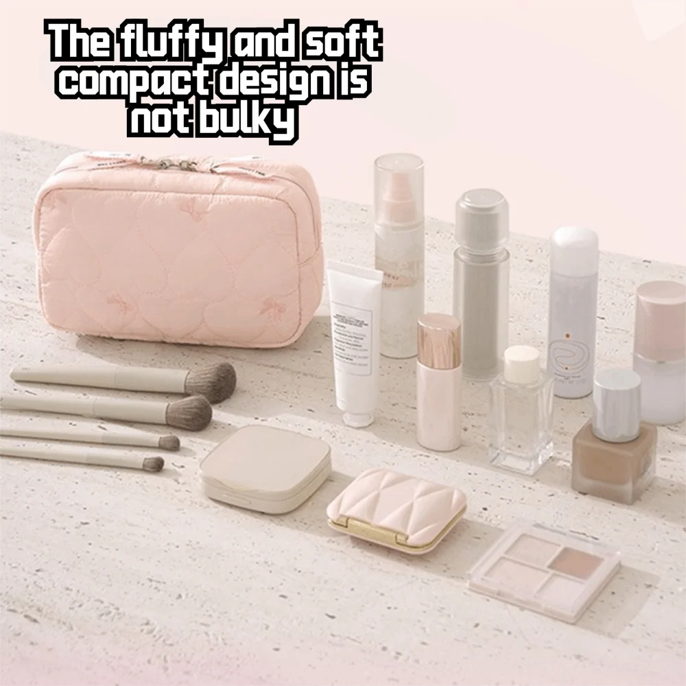 Fashion Quilted Makeup Bag Heart Bow Lightweight Lipstick Cosmetic Pouch Large Capacity Data Cable Storage Bag for Women