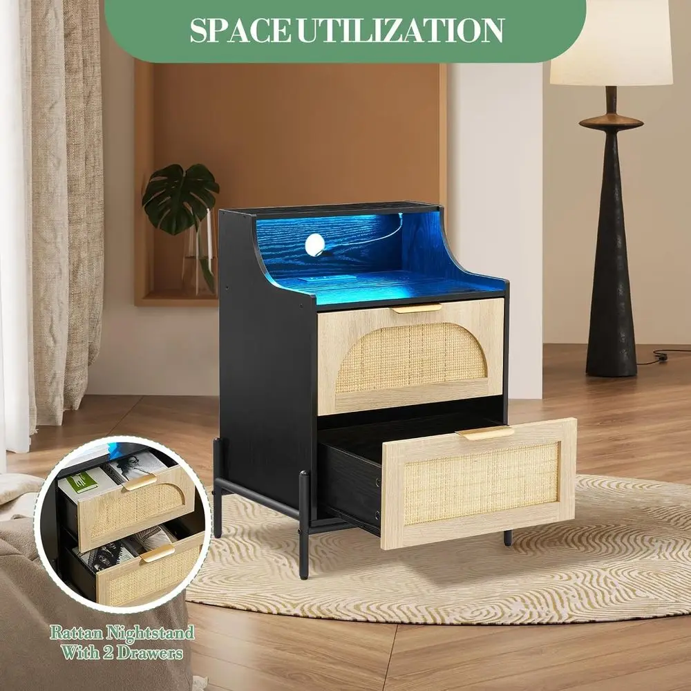 LED-Illuminated 2-Drawer Nightstand, Charging Station, Ideal for Bedrooms and Compact Spaces in Black