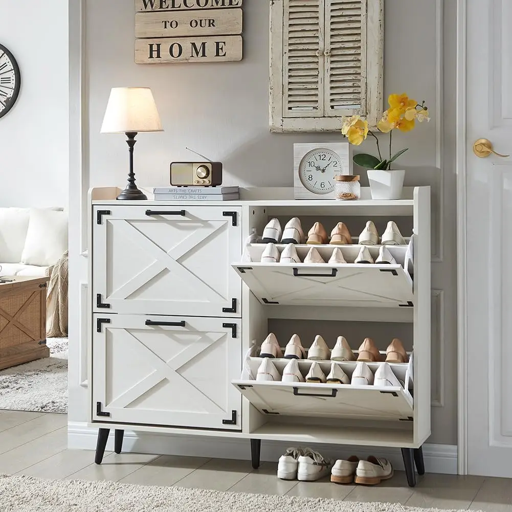 Shoe Cabinet 4 Flip Drawers Barn Door Slim Hidden Organizer Entryway Hallway Freestanding White, Customized
