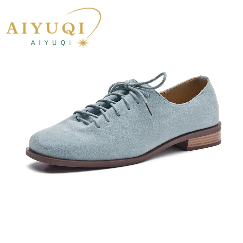 AIYUQI Women Loafers Shoes Genuine Leather Thick Heels Student Shoes Female Lace Up British Style Lady Oxford Shoes Footwear
