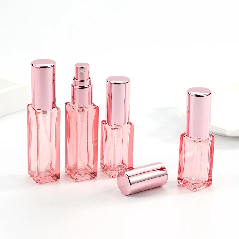 5/10ml Square Perfume Bottle Transparent Pink Glass Thickened Spray Bottle Portable Refillable Fragrance Container Bottle