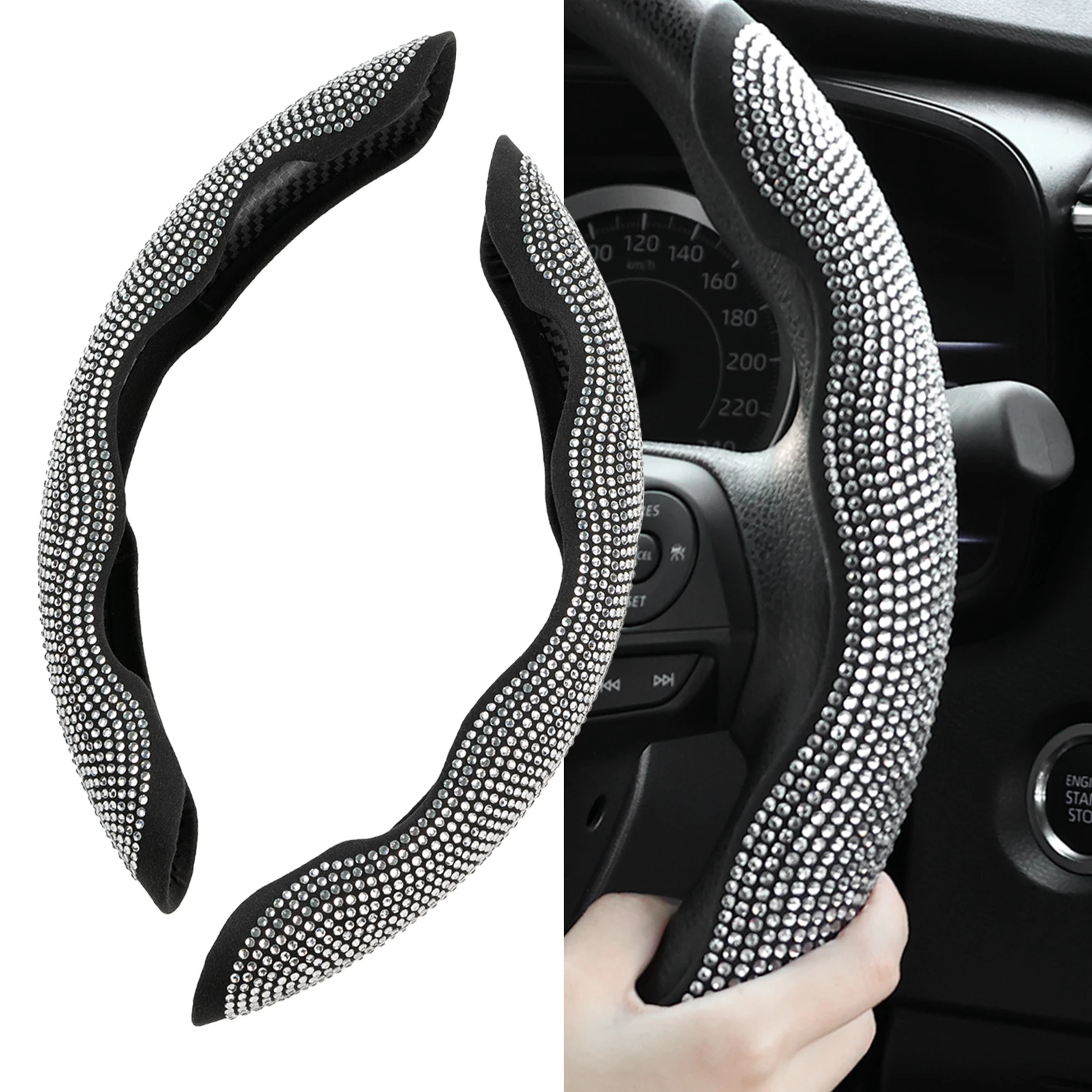 

2PCS Diamond Car Steering Wheel Cover Booster Anti-slip Crystal Rhinestones Sparkling For Women Girl Car Interior Accessories