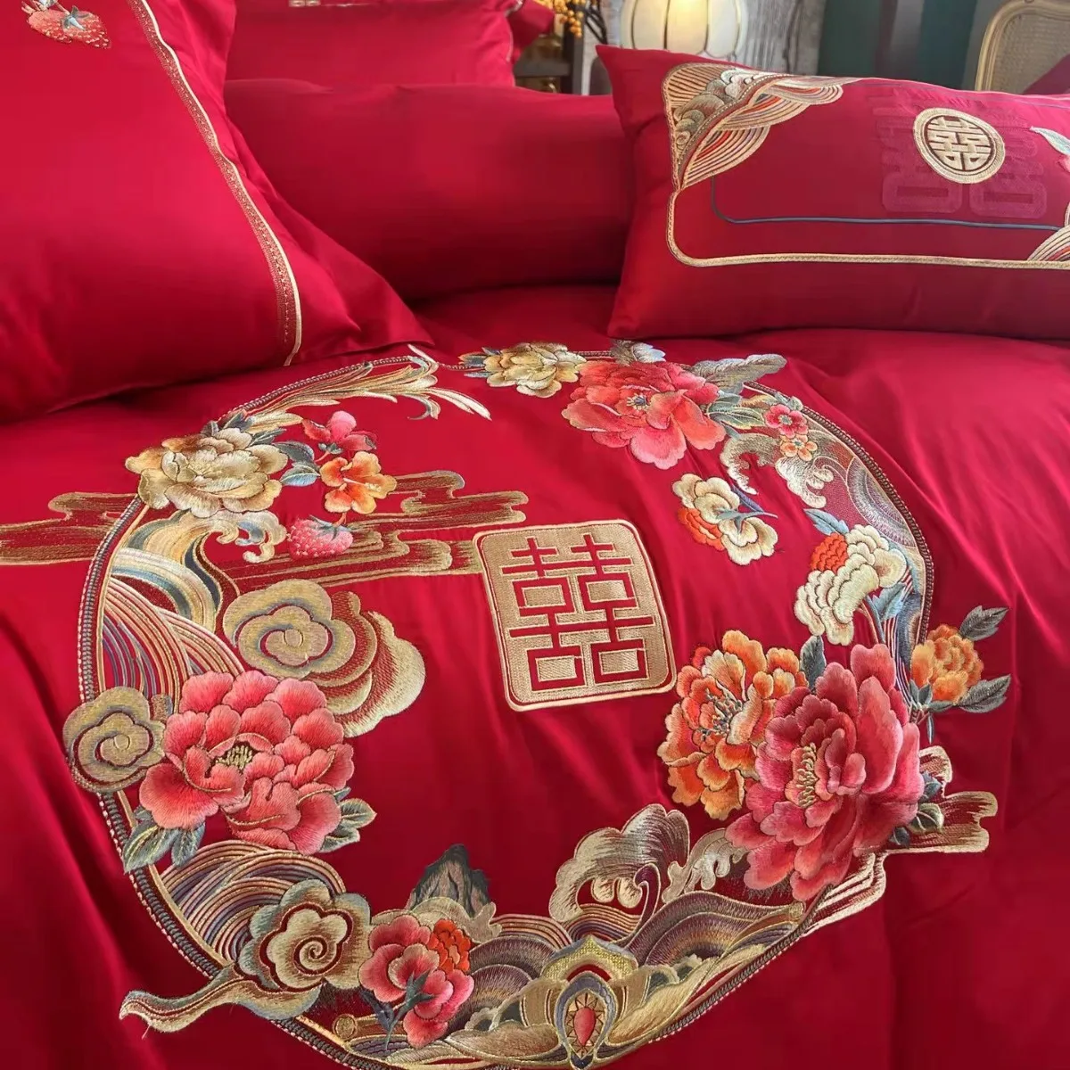 160 Thread Count Cotton All Cotton Embroidery Red Four Piece Set Pure Cotton Wedding Celebration