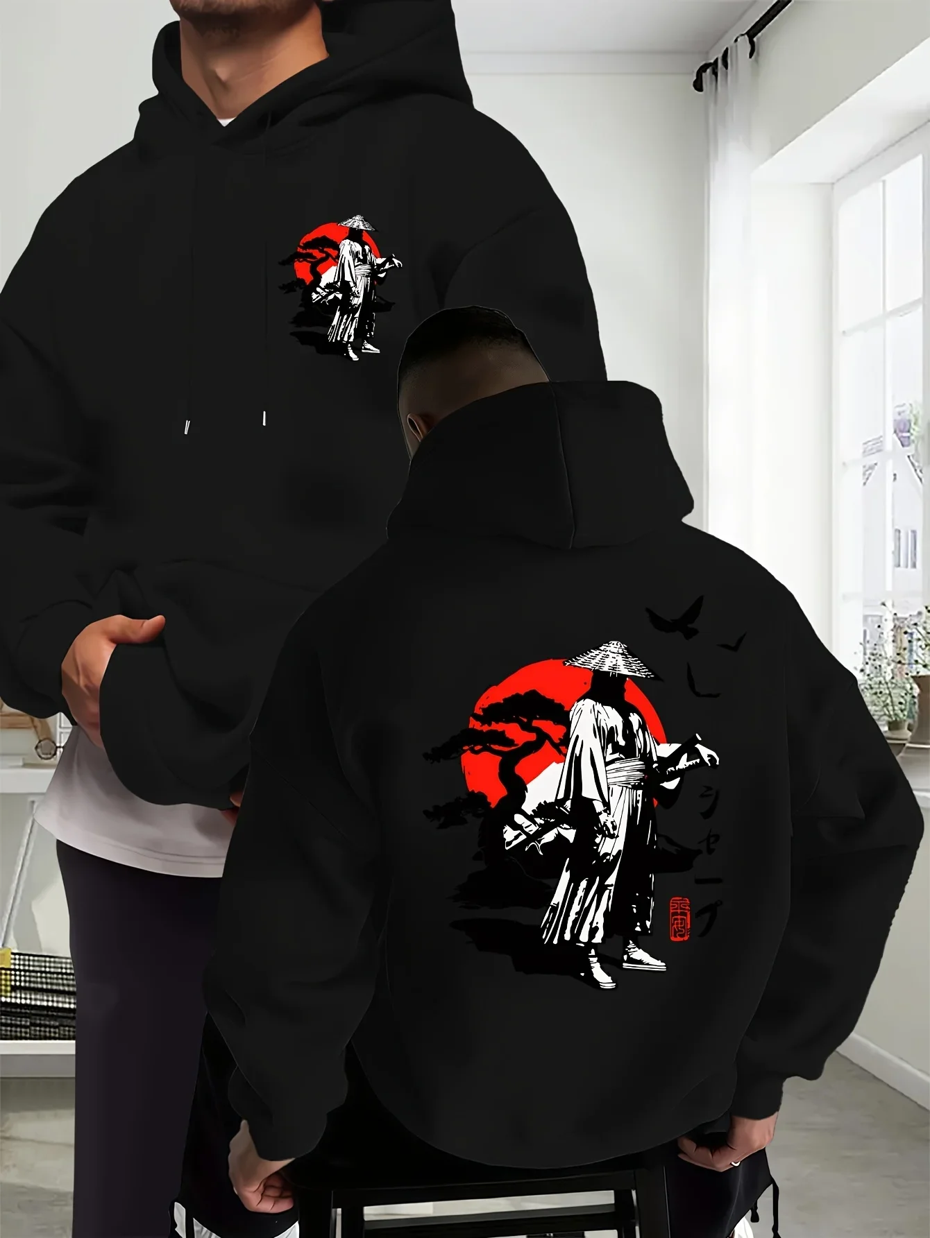 Unisex Trending Japanese Ink Style Ronin Samurai Hoodie Red Sun Bird Front Back Print Autumn Winter Pullover