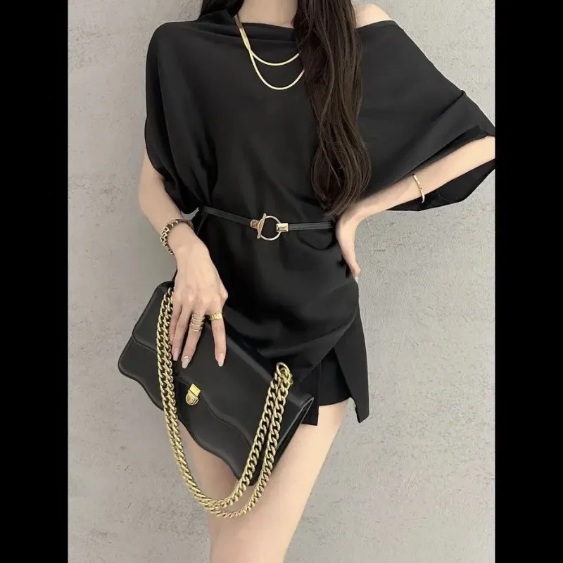 Sister Style Irregular Hem Temperament Versatile Top One-word Collar Celebrity Xiaoxiangfeng Temperament Summer New Female Tide