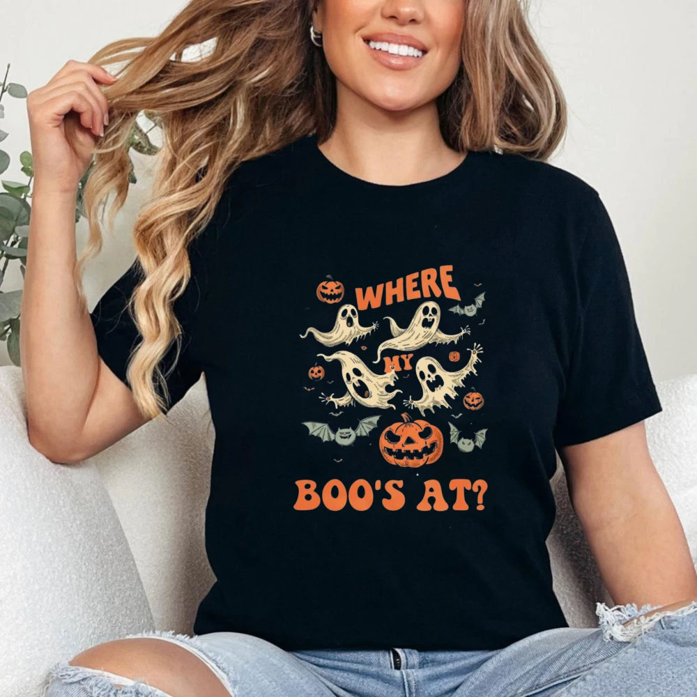 Halloween Ghost Shirt Funny Spooky Season Tee Retro Ghost Pumpkin Bat Unisex Tee Casual Cotton Tops Funny Halloween Slogan Shirt