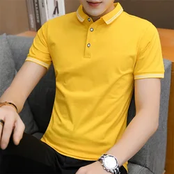 Camisa polo de manga curta masculina, gola virada para baixo, moda casual de negócios, tops listrados de botão solto de poliéster, roupa nova