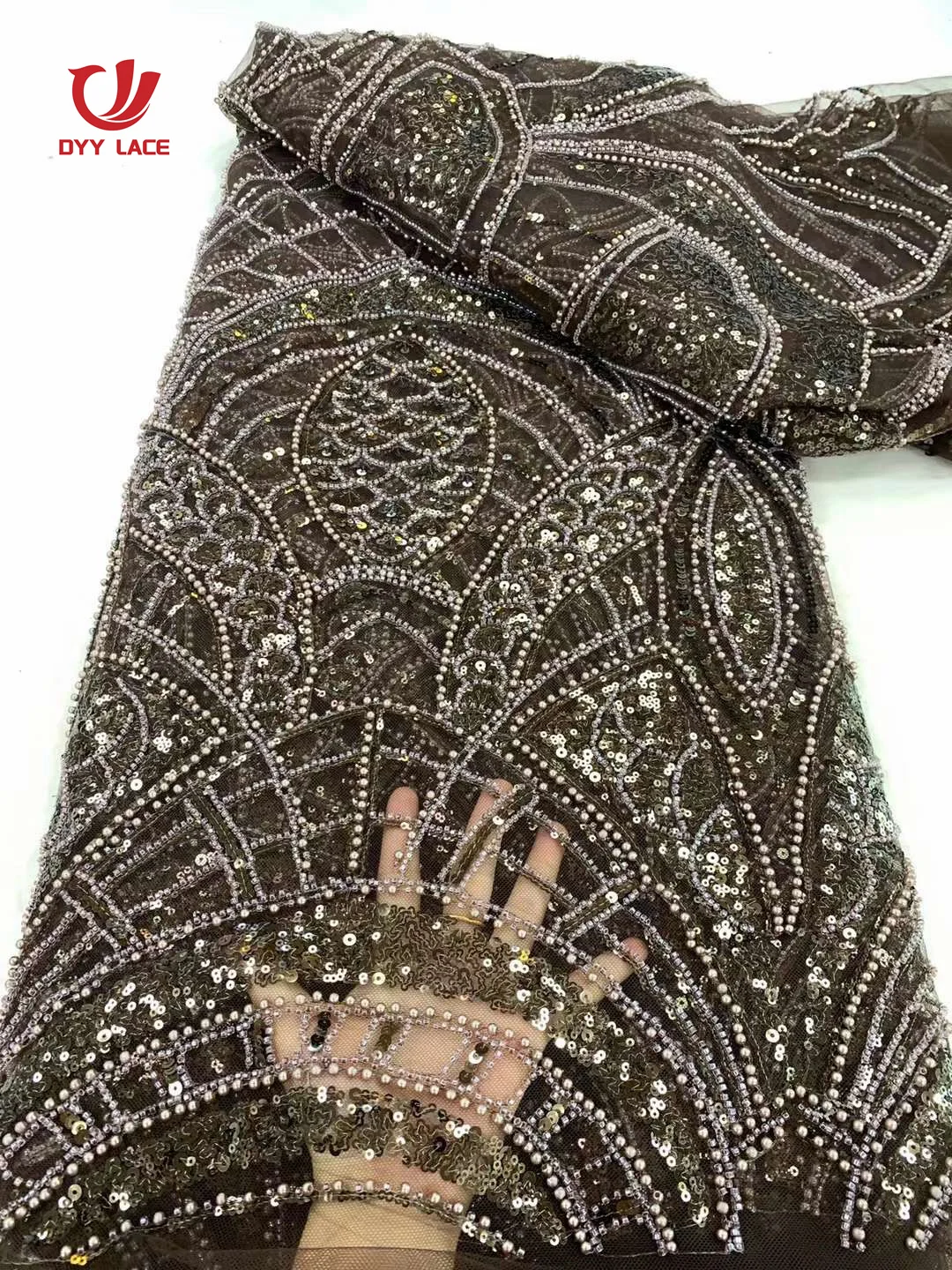 5 Yards African Nigerian Sequins Lace Fabric 2024 High Quality Lace Embroidery Beaded Mesh Fabric For Women Wedding Party Dress