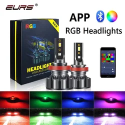 LED RGB Farol de carro com controle Bluetooth, farol automático, lâmpadas coloridas, EURS APP, H4, H7, H1, H3, H8, H11, HB3, HB4, D1S, D2S, D3S