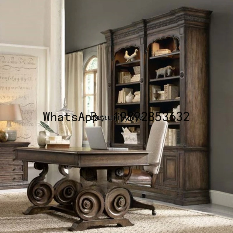 HH 05-*European antique solid wood carving flower old storage display cabinet ladder antique bookshelf