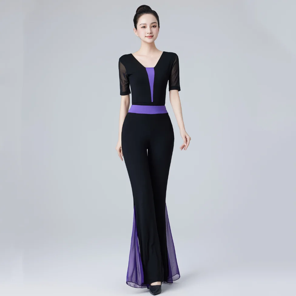 

Body Suit with Deep V-Neck and Color Matching Gauze Sleeves Modal Dance Suit Catwalk Model Ballet Training Etiquette