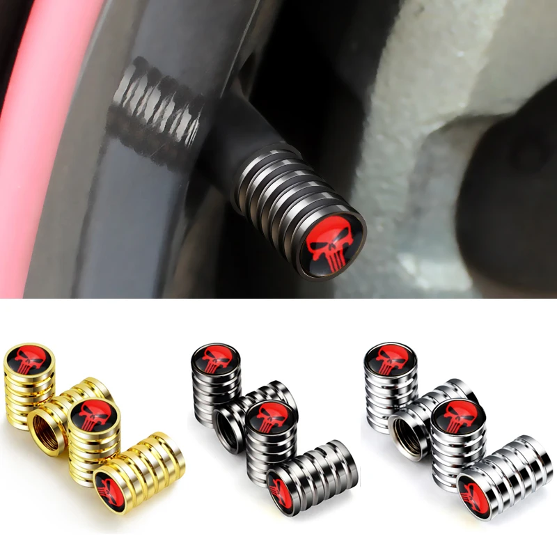 

4pcs Marvel Punisher Universal Car Wheel Tire Valve Stem Caps Air Covers for Ford Fiat Honda Hyundai Infiniti Jeep Land Rover