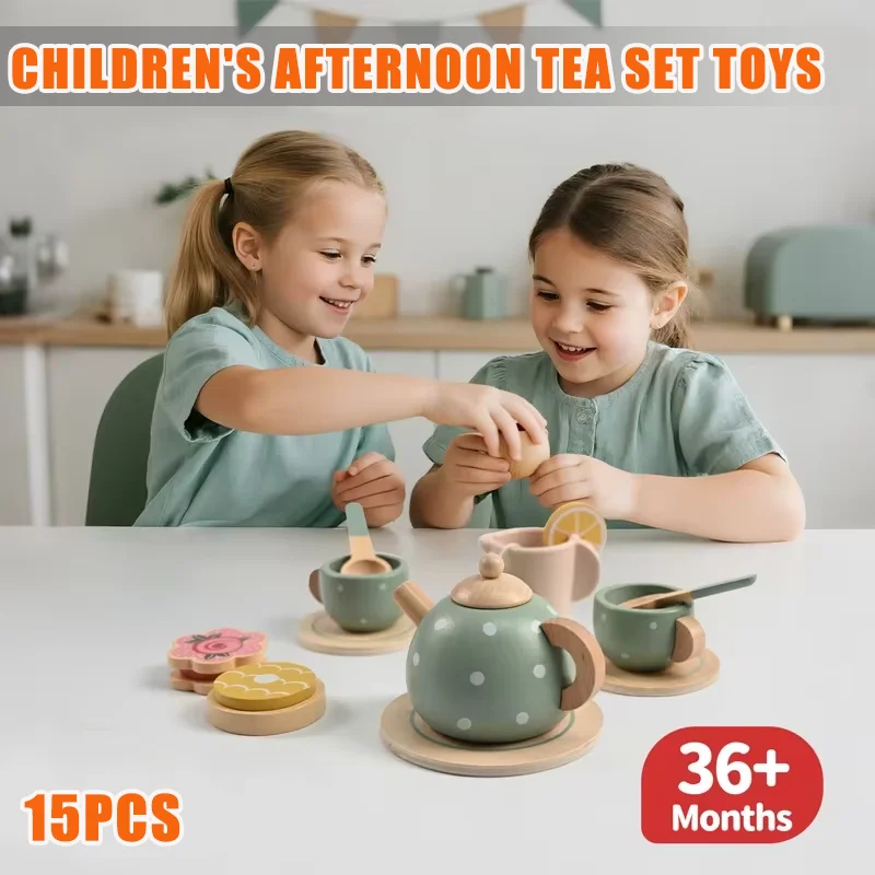 Wooden Afternoon Tea Set Toy Kitchen Accessories Tea Party Food Role Play Early Educational Toys for Toddlers Girls Boy Kid Gift