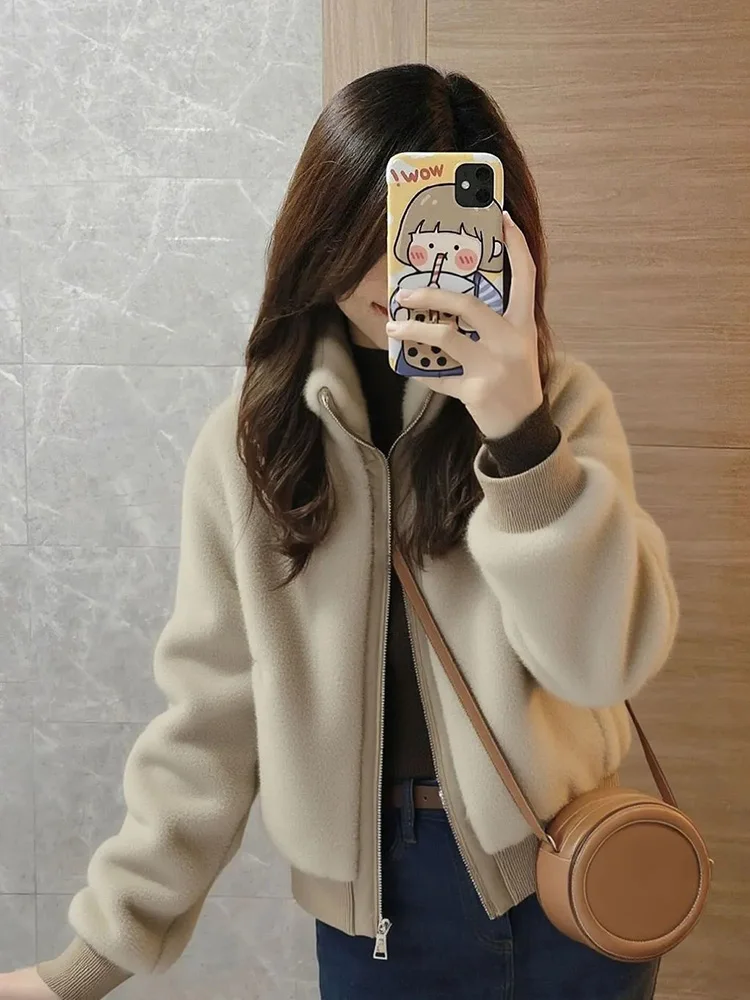 

Корейское милое пальто из искусственного ягненка, женское пальто с воротником-стойкой на молнии, милая зимняя теплая куртка с длинными рукавами, женская однотонная винтажная верхняя одежда, новинка