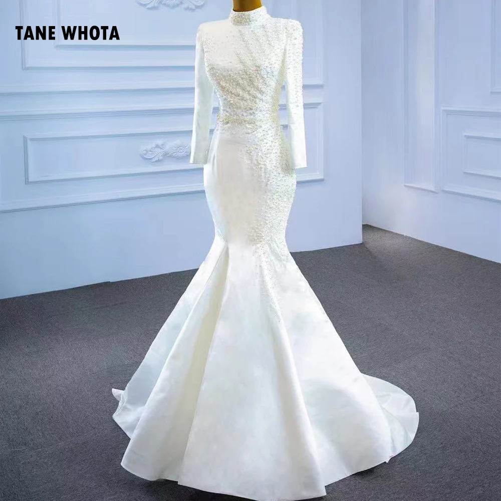 Abito da sposa musulmano con strascico staccabile Manica lunga alta con lacci sul retro Abito da sposa con perline Abito da sposa a tromba personalizzato