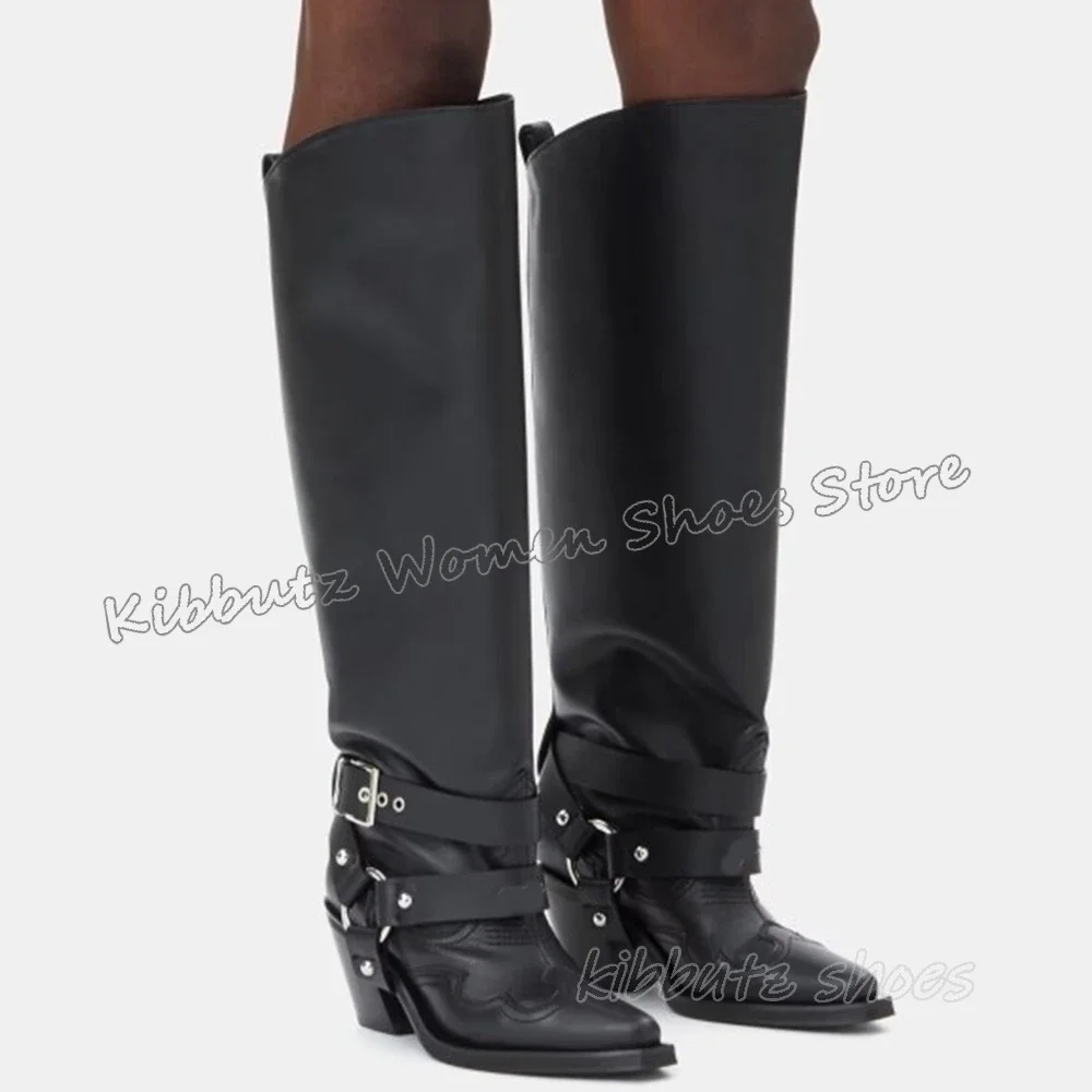 

Belt Buckle Knee High Boots Cowboy Fashion Novelty Sexy Luxury Women Shoes Pointy Chunky Heels Luxury Leather Solid Color Newest