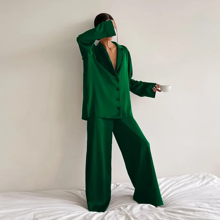 Elegant Pajamas for Women Solid Loose Turn-down Neck Blouse Trousers Pyjamas Set 2pcs Home Sleep Nightwear Lingerie for Ladies