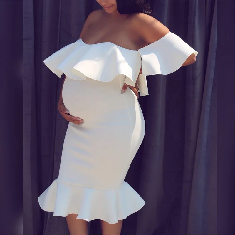 New Maternity Clothes Pregnancy Sexy Sweet Dresses Evening Solid Ruffles Off The Shoulder Dress Mother Photography Clothing