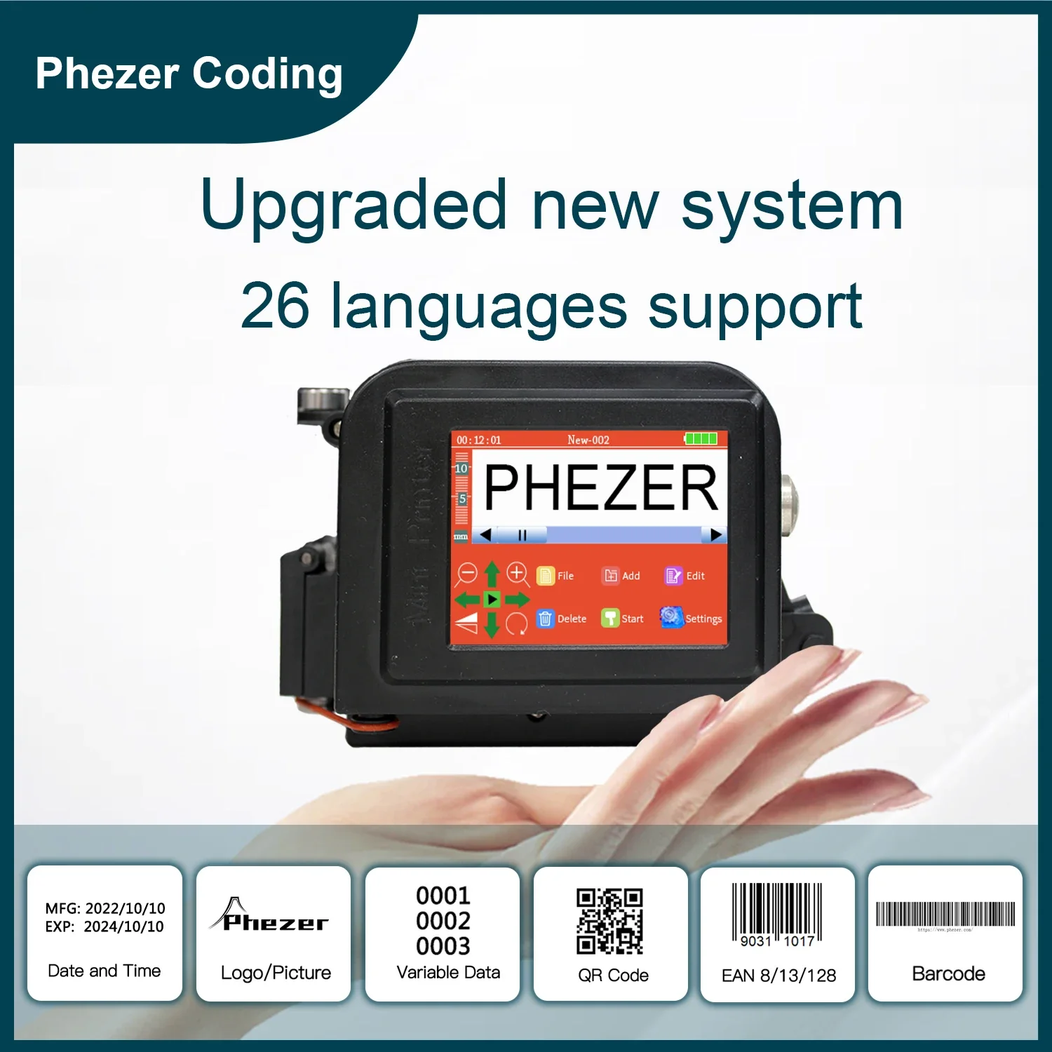 Phezer-Mini impresora portátil PC11Plus, 30 idiomas, 12,7/25,4mm, QR, código de barras, fecha, logotipo, fecha de caducidad, impresora de inyección