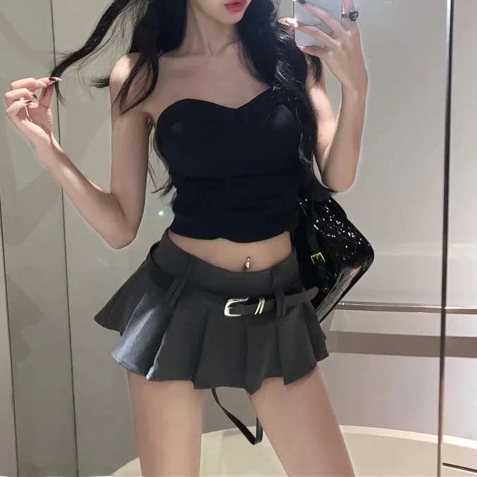 High Waist Miniature Girl A-Line Skirt with Belt Spicy Girl Half-length Pleated Skirt Versatile A-Line Skirt Teenage Girl