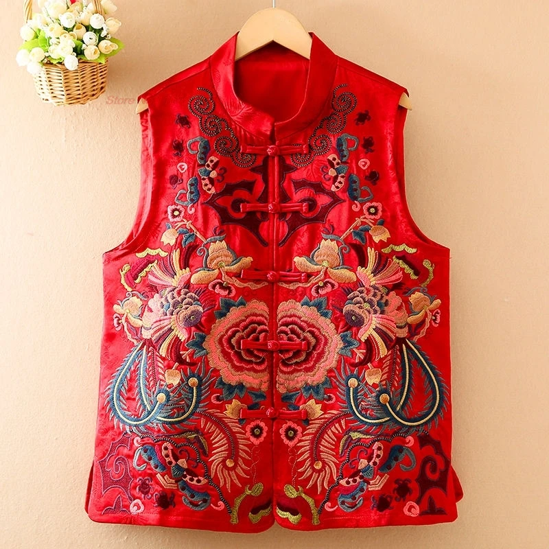 2024 nationale bloem borduurvest vintage opstaande kraag vest mouwloos jasje oosterse satijnen jacquard folk vest