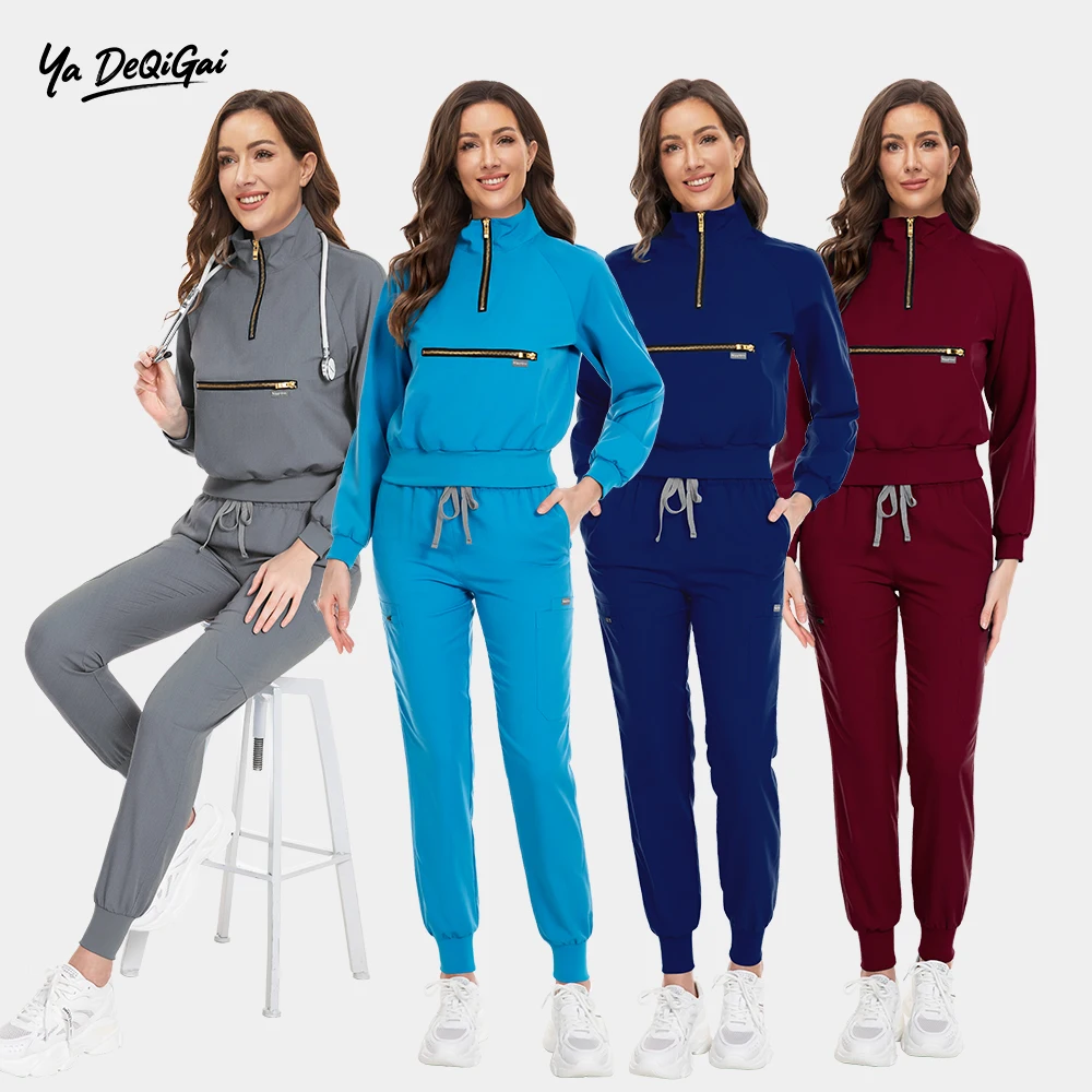 

Medical Hospital Scrub Uniforms Zipper Pocket Nurses Scrubs Suits for Women Long Sleeved Tops Joggers Sets Wholesale Spa Uniform