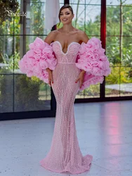 VC Illusion Pink Sequins Long Dress Pearls Embellished Strapless Cut Out Prom Luxury Cocktail Party Evening Gowns