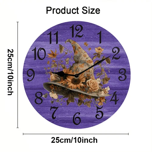 Halloween Witch Wall Clock Witch Hat Wooden Halloween Holiday Party Silent Non Ticking Battery Operated Wood Clock For Bedroom