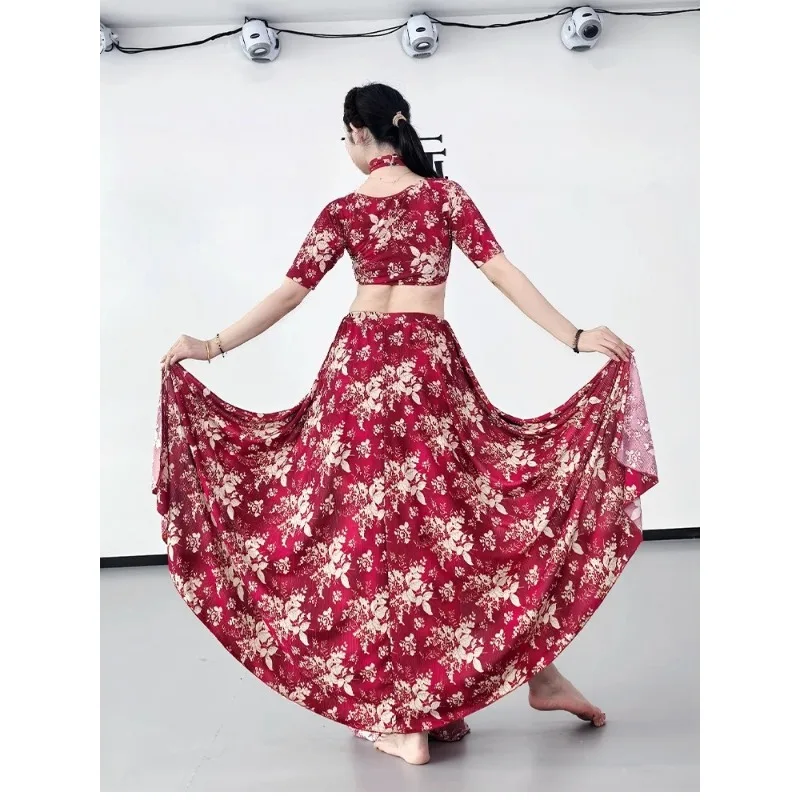 Trajes de dança do ventre personalizados vestido de prática 2025 novo conjunto vermelho e azul pit stripe impresso grande balanço saia conjunto dança oriental