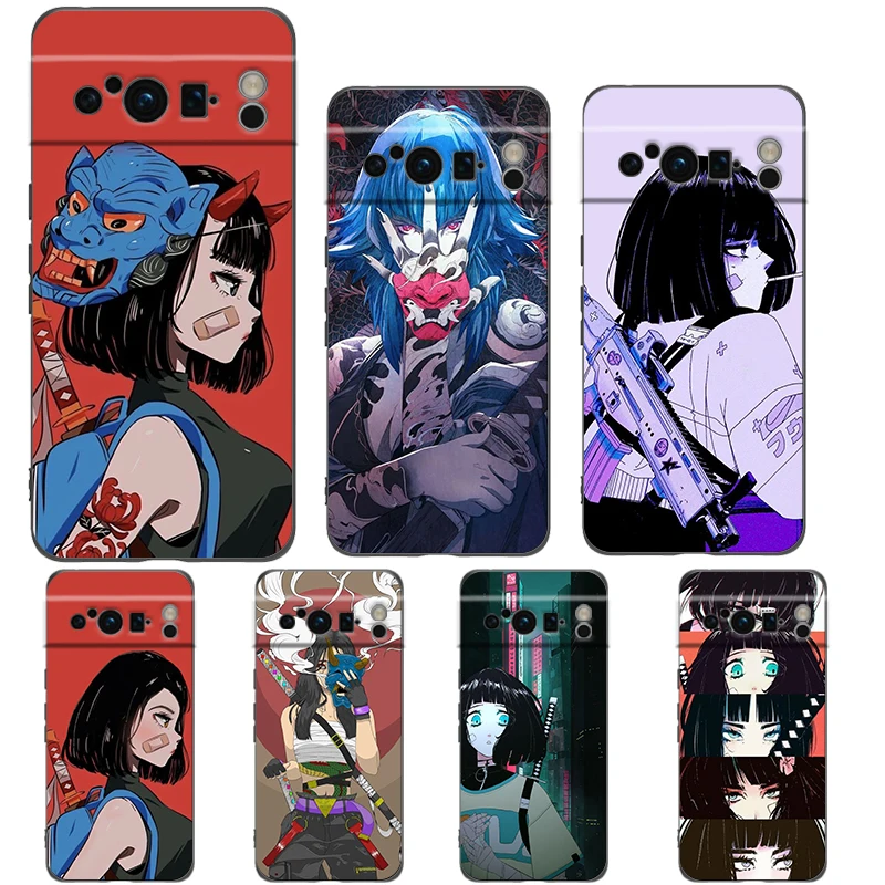 Japanese Style Anime Girl For Google Pixel 8 7 6 Pro 6A 5G Black Phone Case Soft Shockproof Back Cover Silicone TPU Shell Coque