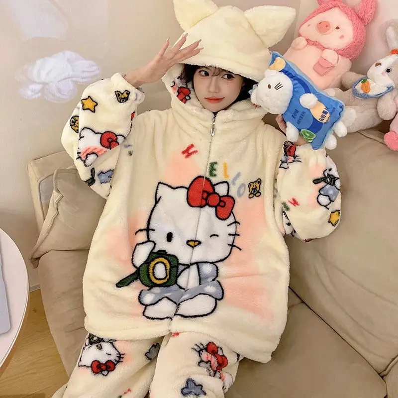 Hello Kitty Women Winter Coral Velvet Sleepwear New Thickened Long Sleeve Cute Home Clothes Sweet Y2k Girl Zipper Hooded Pajamas