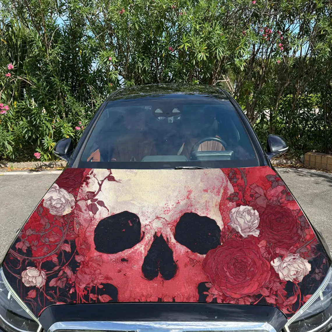 ملصقات غطاء السيارة على شكل جمجمة حمراء مذهلة مع لهجات الأزهار - لفافة فينيل ذاتية اللصق ومقاومة للماء ومتينة، وتزيين وتحمي #4
