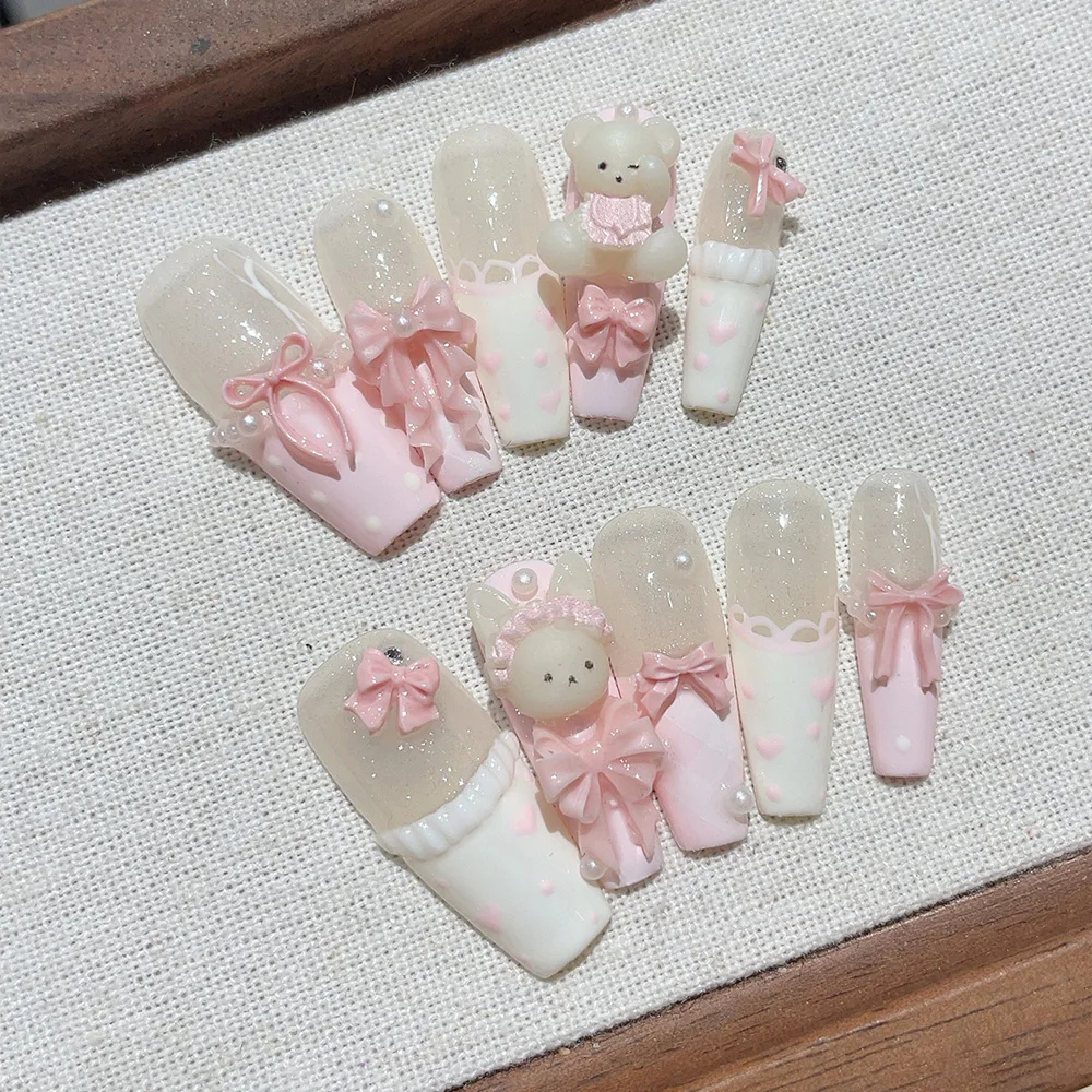 10pcs Long Trapezoid Handmade Press On Nails Kit, White & Pink Fake Nails, Cute Youth Wearable Nail Art, Milk Candy Bear