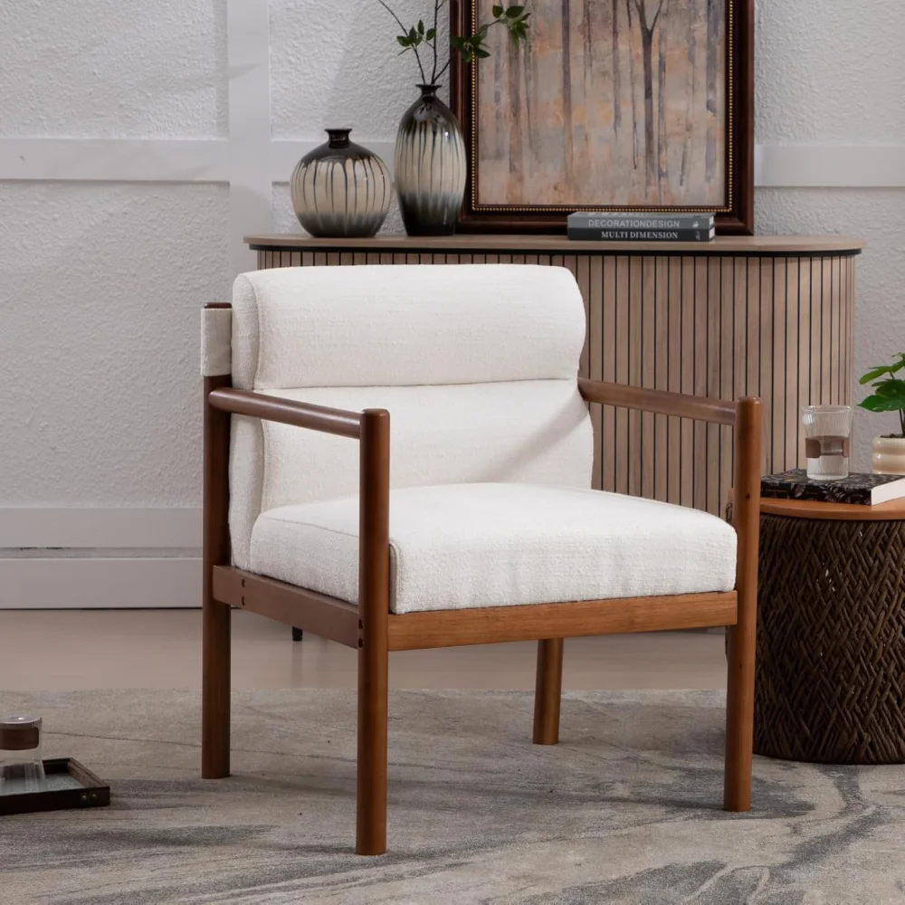 

Mid-Century Accent Chair, Modern Linen Fabric Lounger Chair Upholstered Armchair with Walnut Wood Frame