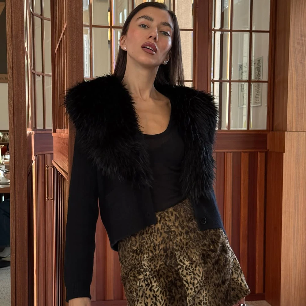 Talenza Women's Black Fleece Cardigan Fashion Elegant Long-Sleeved Patchwork Slim Sweaters Vintage Streetwear Female Outerwear