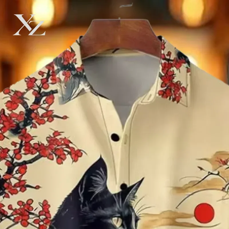 Men's Plus Size Short Sleeve Button Shirt Japanese Ukiyo-E Sakura Plum Blossom & Cat Print Pocket 2025 Summer New Holiday