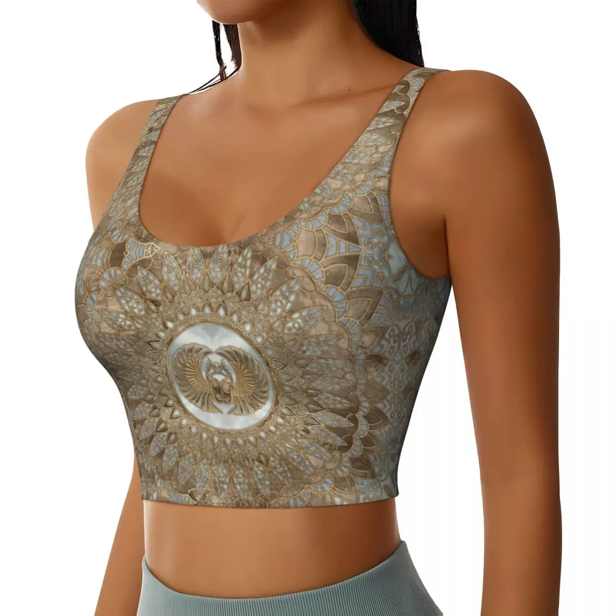 Custom Egyptian Scarab Beetle Pastel Golds High Impact Sports Bras Women Ancient Egypt Seamless Workout Running Crop Tank Tops