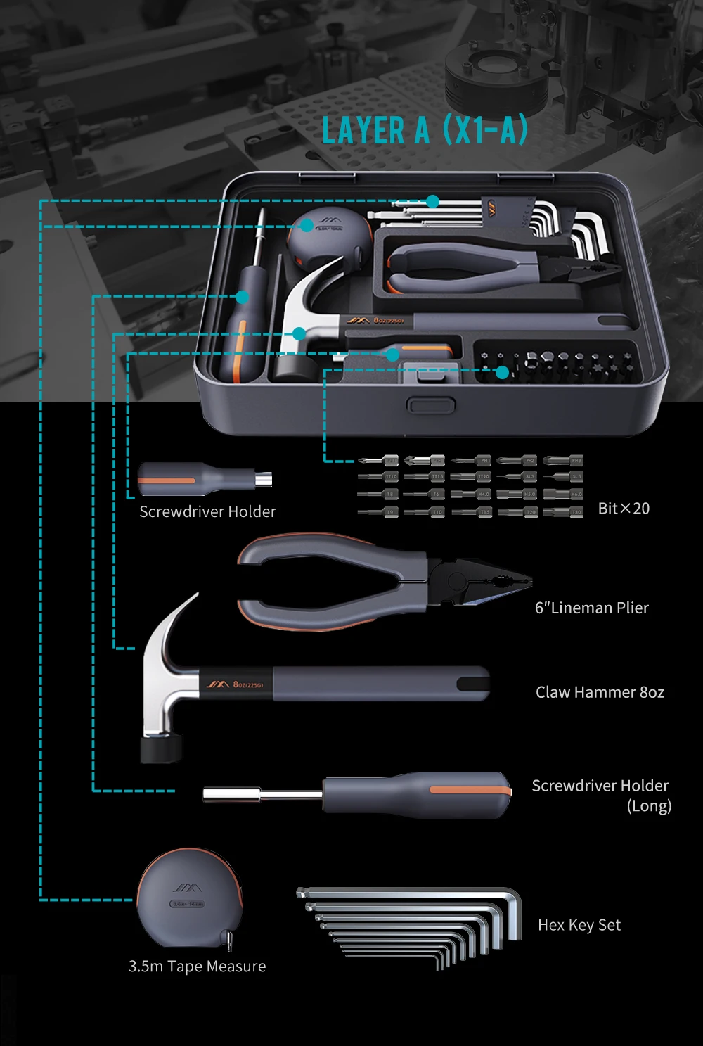 Certified X3-ABC Home Box Power Hand Tool Kit Combo Tool Set