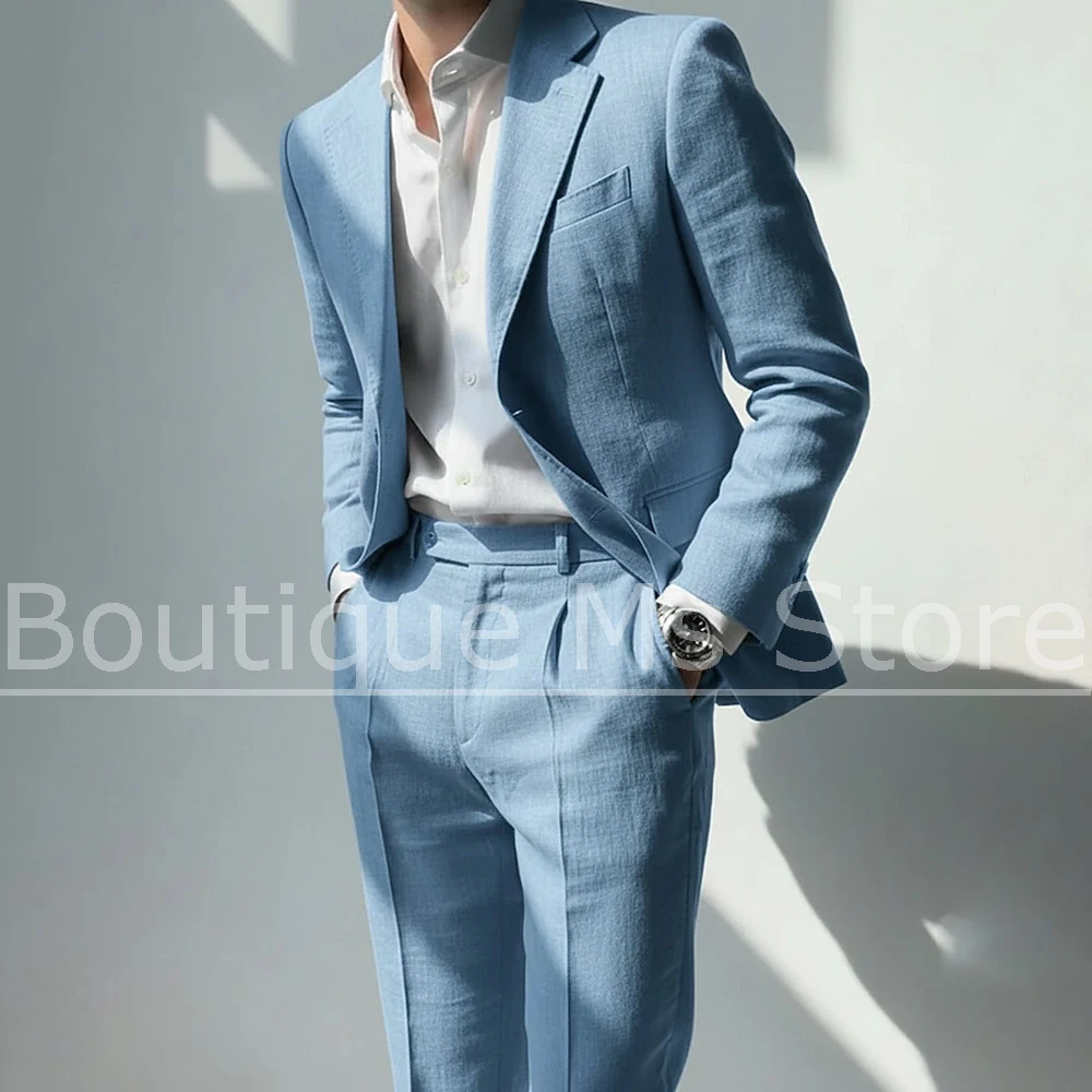 

Мужской льняной костюм-двойка (пиджак и брюки) приталенного кроя для деловых встреч, повседневной носки, официальных мероприятий, свадеб, вечеринок, офисной работы, выпускных вечеров и торжественных случаев