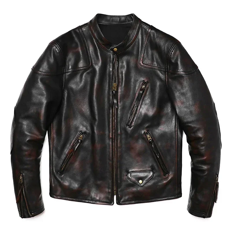 Same Venom Vintage Style Bicolor Horsehide Jacket Men's Slim High Quality Genuine Leather Coat Luxury Motorcycle Biker Clothing