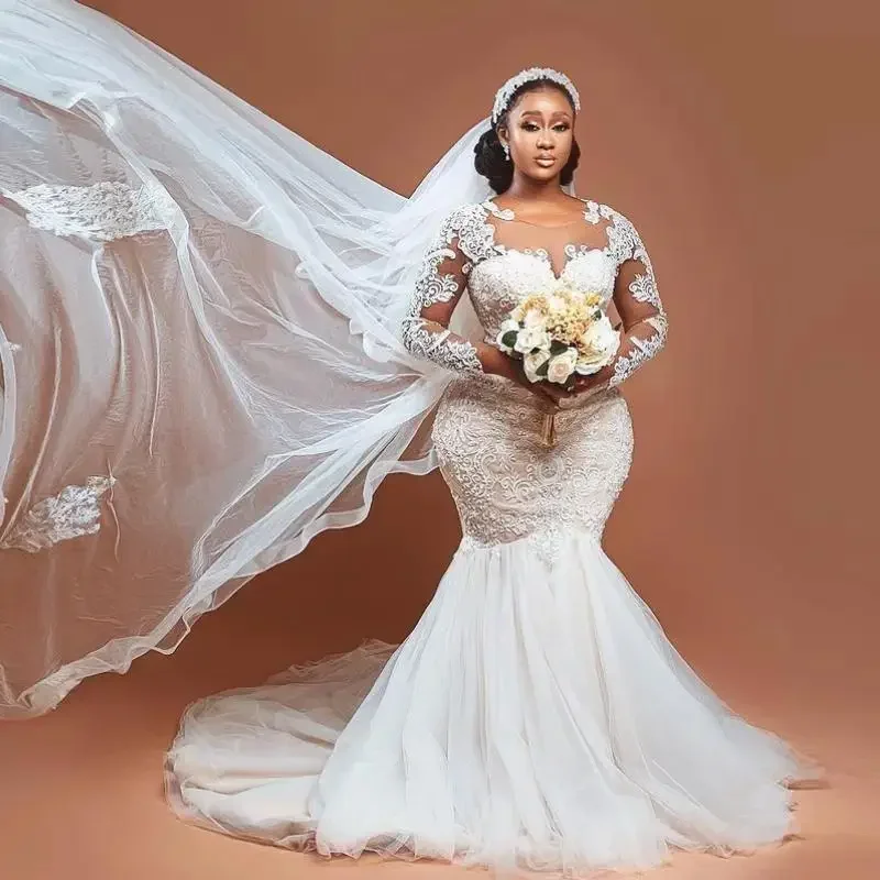 Aangepaste Plus Size Zeemeermin Kant Trouwjurken Voor Afrikaanse Vrouwen Sweep Trein Lange Mouwen Bruidsjurk Vestidos De Novia