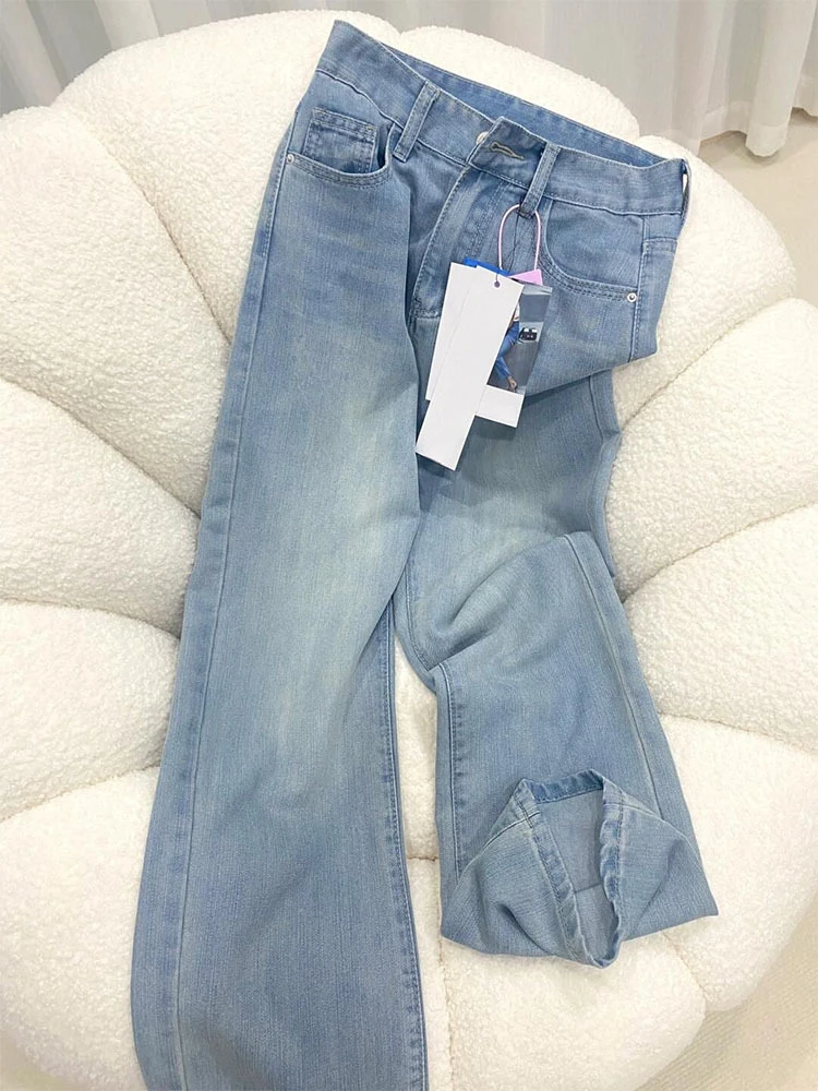 

Ladies' Relaxed Fit Blue Jeans High Rise Straight Leg Stretchy Lightweight Denim Trousers with Flowy Hem for Summer