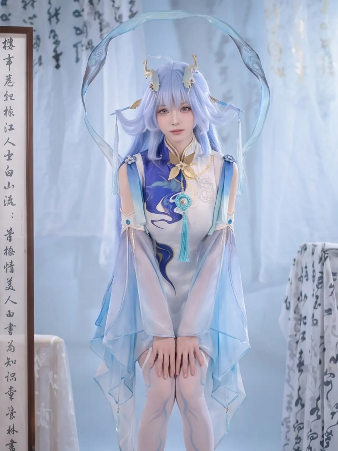 Wuthering Waves Qingxiao Cosplay Full Set Women Anime Game Costume Wig Halloween Carnival Comic Con Outfit Round Badge Dress view 5