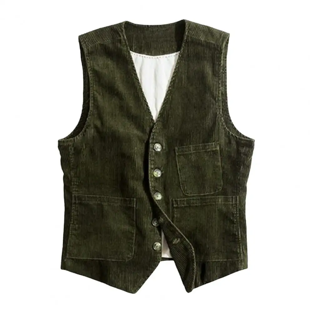 Men Waistcoat V-Neck Sleeveless Single Breasted Vest Coat With Multi-pocket Design Solid Color Corduroy Casual Denim Waistcoat