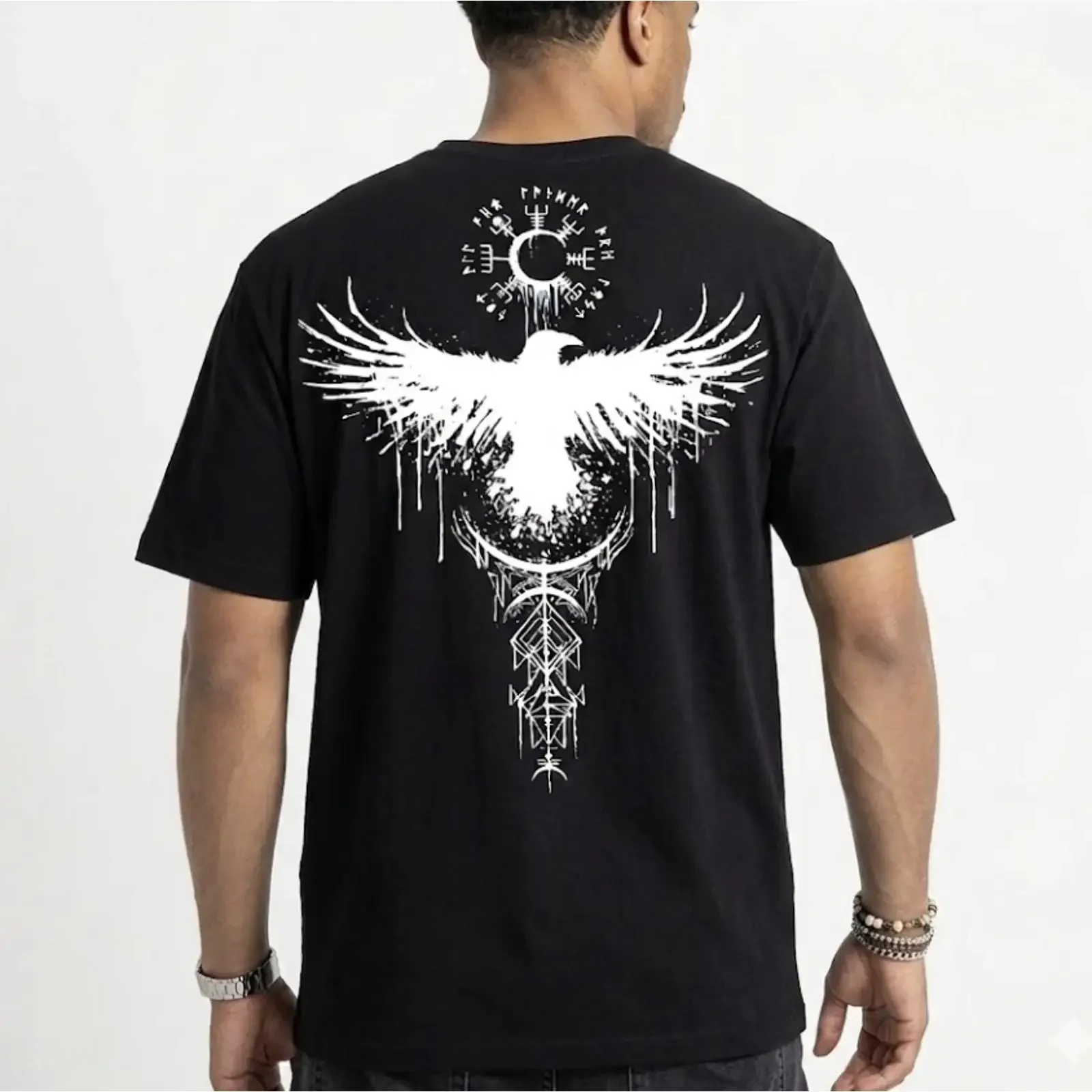 Футболка Viking Raven Vegvisir Nordic Moon Rune, черно-белая, винтажная, дизайнерская одежда, унисекс, мягкая, модная, с легким графическим принтом.